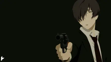 Minimalist 91 Days anime 5K Ultra HD PC desktop wallpaper: Avilio Bruno in a suit aiming a revolver against a dark background.