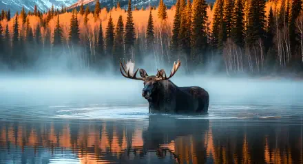 4K Ultra HD PC desktop wallpaper/background: bull moose wading through a misty lake at sunrise, orange pine forest and snowy peaks mirrored in the calm water.