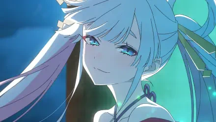 Anime HD PC desktop wallpaper — Cosmic Princess Kaguya!: close-up of a serene silver-haired princess with cyan eyes, twin tails and a glowing teal cosmic background.