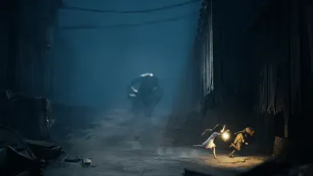 Horror game Reanimal HD PC desktop wallpaper: foggy alley with a hulking, shell-like monster looming as a small lantern-bearing figure huddles near scattered debris.