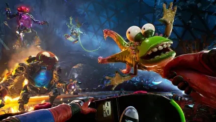 High On Life 2 action game HD PC desktop wallpaper and background — first-person neon alien firefight with a wide-eyed frog-like creature, armed characters and explosive chaos.