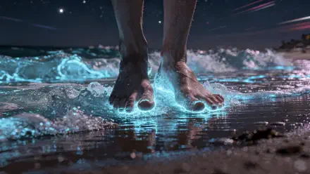 Close-up of bare feet stepping into bioluminescent surf at night, glowing blue waves lapping sand — 4K Ultra HD PC Desktop Wallpaper and Background.