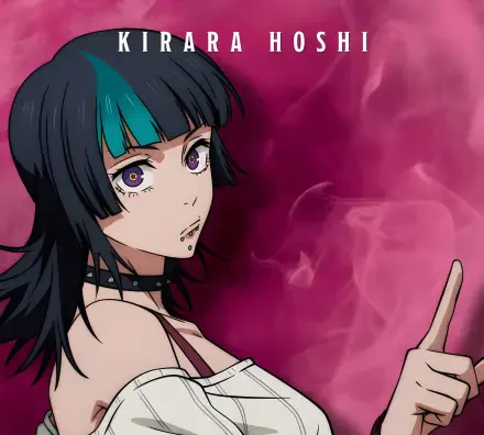 Kirara Hoshi from Jujutsu Kaisen, anime close-up with teal-streaked black hair and choker against a smoky magenta backdrop — 2K Quad HD PC desktop wallpaper.