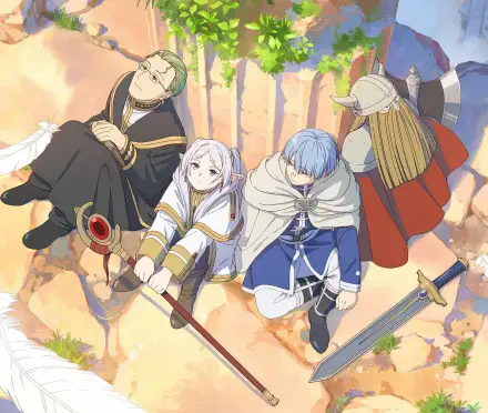 2K Quad HD anime wallpaper — Frieren: Beyond Journey's End: four adventurers rest on sunlit stone with weapons laid out, seen from an overhead view.