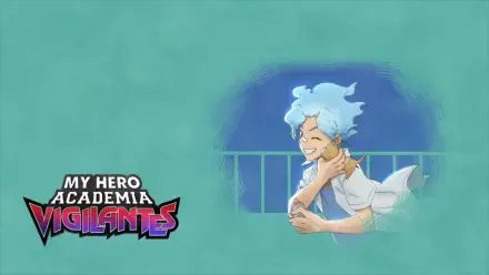 Anime HD PC desktop wallpaper and background for My Hero Academia: Vigilantes — smiling blue-haired character leaning on a railing against a teal backdrop, Vigilantes logo at lower-left.