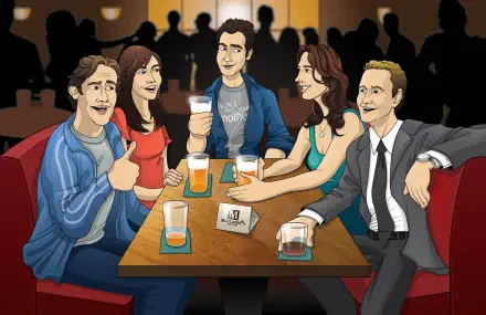 How I Met Your Mother illustration: five friends laughing with drinks around a booth at MacLaren's — TV show 2K Quad HD PC desktop wallpaper/background.