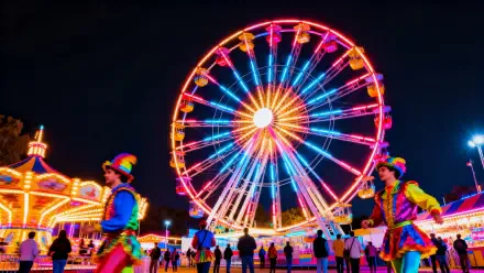 Vibrant night carnival scene with glowing Ferris wheel, performers and crowds — 4K Ultra HD PC desktop wallpaper and background.