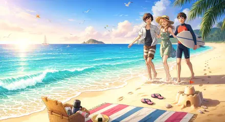 Anime beach scene of three friends strolling a sunlit shore with a surfboard, sandcastle and beach towel — 4K Ultra HD PC desktop wallpaper and background.