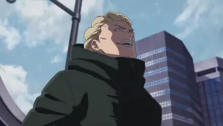 HD PC desktop wallpaper: anime Jujutsu Kaisen’s Kinji Hakari smirking in a dark coat, looking up against a blue sky and urban skyscrapers.