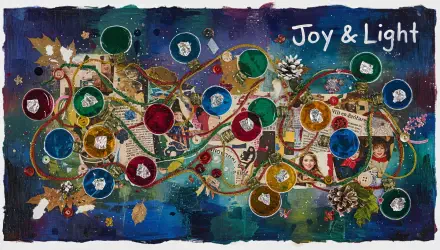 4K Ultra HD PC Desktop Wallpaper and Background: vibrant mixed-media holiday lights collage with garlands, ornaments, pinecones and 'Joy & Light' on a deep blue textured field.