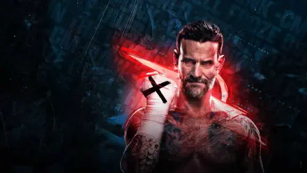 4K Ultra HD PC wallpaper: gritty WWE 2K26 sports-game promo of a tattooed, bearded wrestler under rain with red neon X lighting.