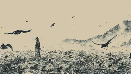 Vagabond (Manga) HD PC desktop wallpaper and background: lone samurai stands in a windswept field of leaves as crows circle beneath a pale, ink-wash sky.