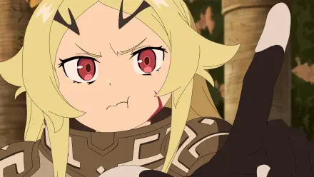 HD PC desktop wallpaper of Teoritta from the anime Sentenced to Be a Hero — close-up of her pouting, determined face with armored outfit and raised hand.