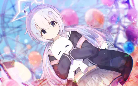 HD PC desktop wallpaper and background of Uzawa Reisa from the video game Blue Archive — pastel portrait of her clutching a white bunny mask amid glowing balloons and soft bokeh.