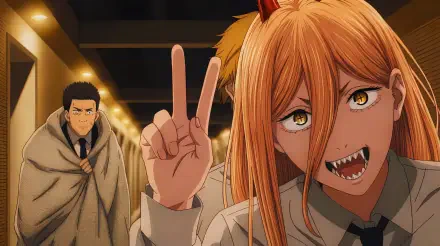 Power (Chainsaw Man) flashes a toothy grin and peace sign in a funny anime scene — 5K Ultra HD PC desktop wallpaper/background.