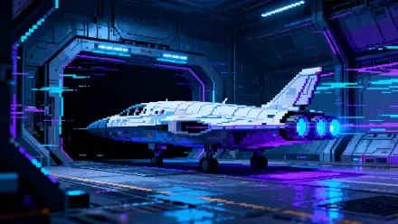 4K Ultra HD PC desktop wallpaper and background: pixel-art spaceship bathed in neon blues and purples inside a futuristic hangar, engines glowing as it prepares for launch.