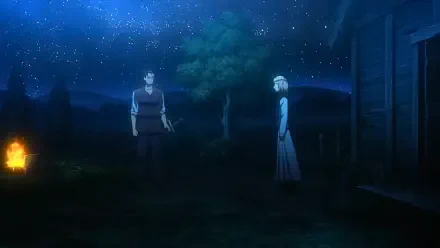 4K Ultra HD anime night wallpaper: two figures (Bideni, Ochi) converse by a wooden house under stars and a faint glowing orb — Orb: On the Movements of the Earth.