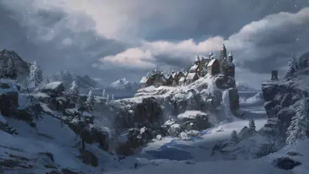 2K Quad HD PC desktop wallpaper background: a white, snow-clad fantasy castle perched on a rugged mountain ridge beneath a stormy winter sky.