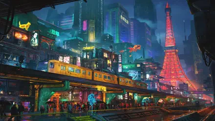 Cyberpunk Tokyo at night: neon-soaked streets, an elevated train, and glowing Tokyo Tower — digital art 4K Ultra HD PC desktop wallpaper background.