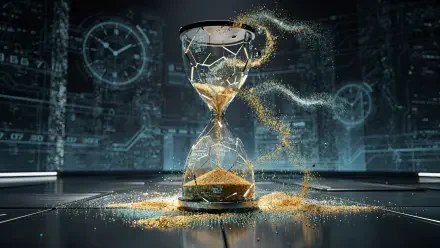 4K Ultra HD PC desktop wallpaper and background: cracked glass hourglass spilling golden sand across a reflective surface in a futuristic digital lab with holographic clock faces.