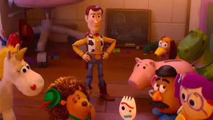 Animated movie scene from Toy Story 5: Woody stands with hands on hips amid other toys, warm colorful lighting — 2K Quad HD PC desktop wallpaper.