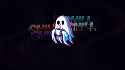 Minimalist HD PC desktop wallpaper/background: a chill pixel-art ghost sipping coffee against a dark backdrop with layered CHILL text.