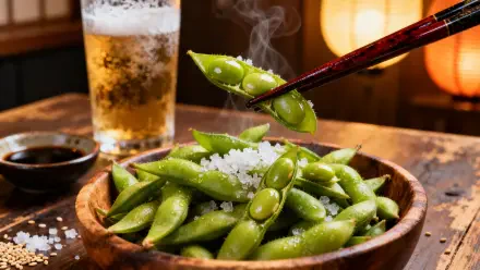 4K Ultra HD PC desktop wallpaper of steaming, salted edamame in a wooden bowl; chopsticks lift a pod beside a glass of beer and warm bokeh lighting.