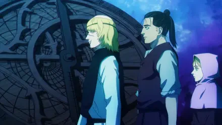 HD PC wallpaper: Badeni, Oczy and Yolenta in profile before a giant astrolabe orb from Orb: On the Movements of the Earth, set against a blue-purple night sky.