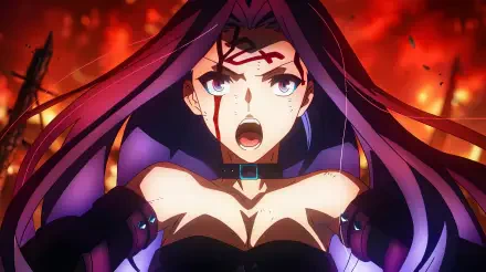 Rider from Fate (Series): fierce anime girl in battle, long purple hair and blood-splattered face screaming defiantly — captured as a 5K Ultra HD PC desktop wallpaper background.