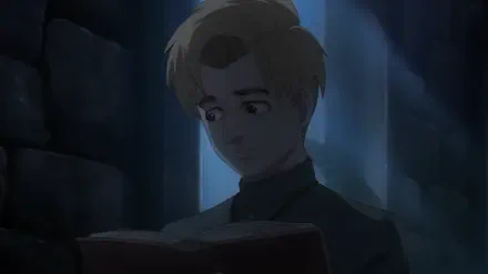 Anime HD PC desktop wallpaper: Rafal reads Orb: On the Movements of the Earth by dim blue light in a stone chamber — contemplative astronomy book scene.