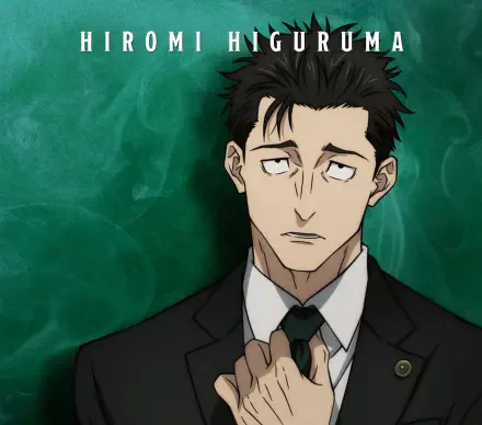 Hiromi Higuruma (Jujutsu Kaisen) in a suit adjusting his tie against a green textured backdrop — Anime 2K Quad HD PC desktop wallpaper.