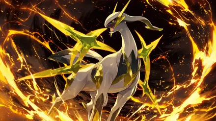 2K Quad HD PC wallpaper of Arceus, the legendary Pokémon, standing amid swirling golden aura and fiery energy in dynamic anime-style artwork.