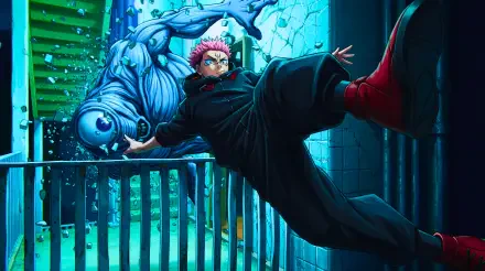 5K Ultra HD anime wallpaper of Yuji Itadori delivering a midair kick toward a towering cursed spirit in neon-lit urban ruin — Jujutsu Kaisen 3rd Season.