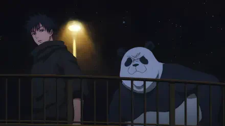 4K Ultra HD PC desktop wallpaper of Jujutsu Kaisen 3rd Season featuring Megumi Fushiguro and Panda on a railing under a starry night sky