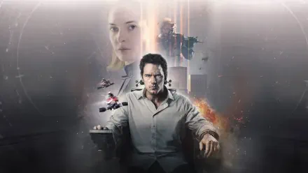 Mercy (2026) 4K Ultra HD PC desktop wallpaper — brooding man seated foreground, ethereal woman's face above, small ships and explosions over a dark futuristic cityscape.