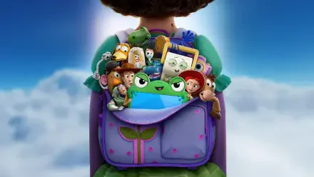 Toy Story 5 5K Ultra HD PC Desktop Wallpaper and Background - vibrant backpack overflowing with Woody, Buzz, Jessie and other toy pals against a bright blue sky and fluffy clouds.