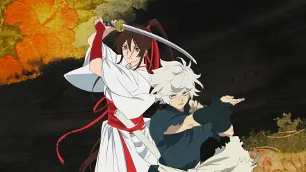 Hell's Paradise 4K Ultra HD PC desktop wallpaper: two anime warriors—a white-kimono swordswoman and a white-haired fighter—strike dynamic poses against a dark, gold-flecked textured background.