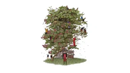 No Other Choice — 4K Ultra HD PC desktop wallpaper/background: sprawling leafy tree filled with tiny figures and objects, a lone person standing beneath on a grassy mound.
