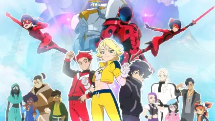 Miraculous: Stellar Force 4K Ultra HD PC desktop wallpaper — vibrant ensemble of young heroes and masked figures striking dynamic poses against a glowing, colorful sky backdrop.