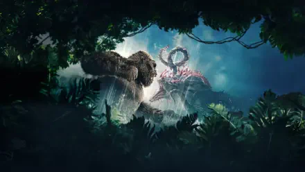 Monarch: Legacy of Monsters 4K Ultra HD PC desktop wallpaper and background depicting two colossal kaiju clashing in a misty jungle clearing, framed by dense foliage and a storm-lit sky.