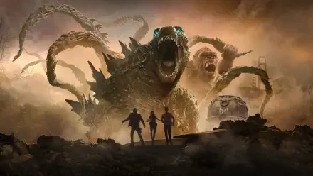 Monarch: Legacy of Monsters — 4K Ultra HD PC desktop wallpaper and background: three silhouetted figures face a towering tentacled kaiju with glowing eyes and an open maw beneath a stormy sky.