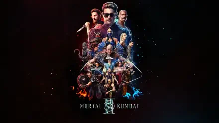 Mortal Kombat 2 (2026) 5K Ultra HD PC desktop wallpaper — cinematic collage of fighters in a triangular formation with fiery and icy effects and the Mortal Kombat logo at the bottom.