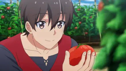 HD PC wallpaper of the anime I Somehow Got Strong By Raising Skills Related To Farming — a young man in a greenhouse smiling while holding a ripe tomato.