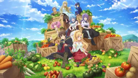 HD PC desktop wallpaper of anime characters from I Somehow Got Strong By Raising Skills Related To Farming relaxing among crates of fruits and vegetables on a sunny hill
