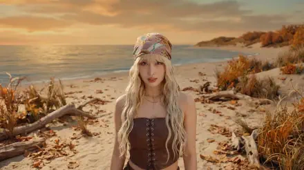 Blonde woman in a boho headscarf and brown corset standing on a sunlit sandy beach at sunset — 5K Ultra HD desktop wallpaper.