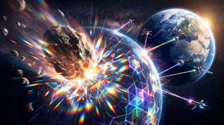 5K Ultra HD PC desktop wallpaper/background: planetary defense scene — hexagonal energy shield and rainbow beams shatter an incoming asteroid as Earth looms in the background.