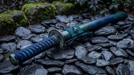 5K Ultra HD PC desktop wallpaper and background: a teal‑handled ninja sword rests on wet black stones with moss and shadowed foliage.