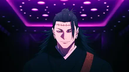 Suguru Geto (Jujutsu Kaisen 3rd Season) — villainous curse user protagonist in 4K Ultra HD PC desktop wallpaper with neon-lit dark background.