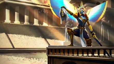 HD PC wallpaper of an ULTRAKILL paladin: golden-armored, winged warrior kneels on a pedestal in a sunlit coliseum, gripping a spear, radiant blue-and-gold wings unfurled.