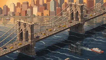 Brooklyn Bridge spanning the choppy East River toward a stylized Manhattan skyline at sunset — 4K Ultra HD PC desktop wallpaper and background.